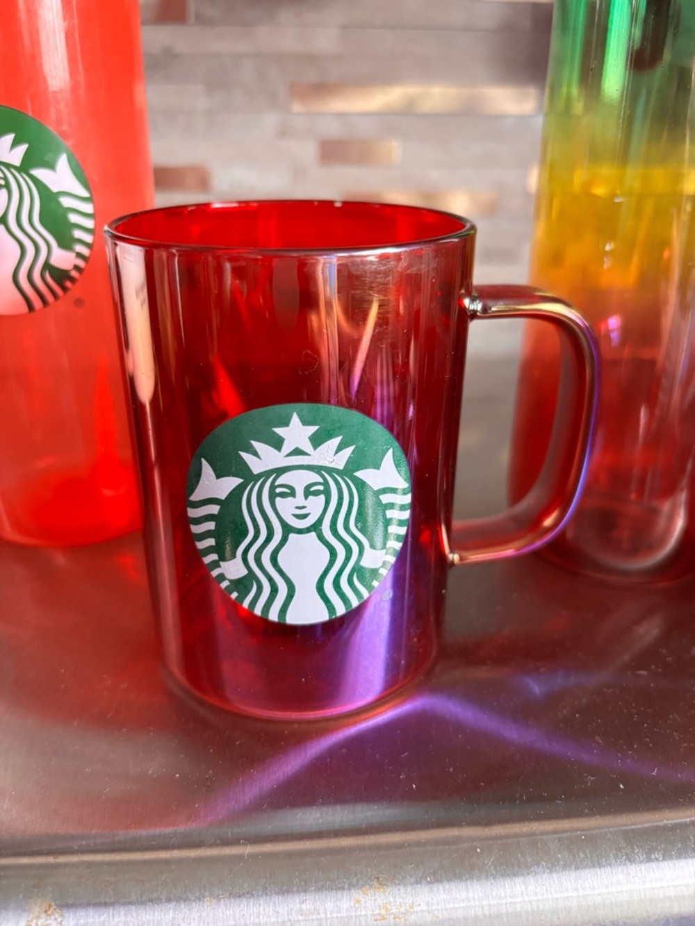 Starbucks Red Iridescent Glass Mug with Green Logo